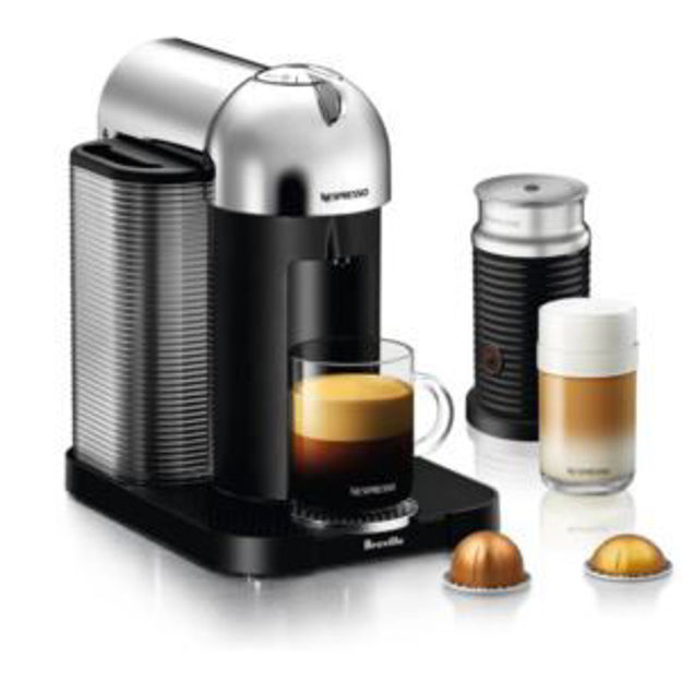 Picture of Nespresso Vertuo Coffee & Espresso Single-Serve Machine in Chrome and Aeroccino Milk Frother in Blac