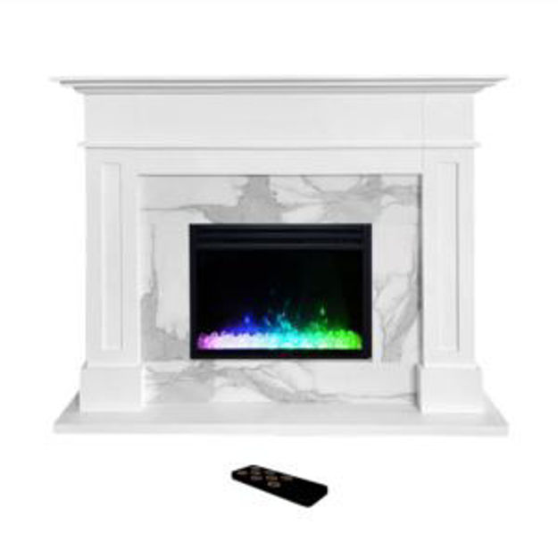 Picture of Sofia 53-in. Electric Fireplace Mantel in White with White Marble Inlay and Crystal Rock Display
