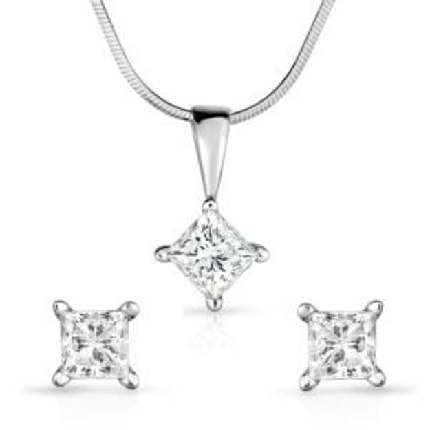 Picture of Princess Cut .50twt Diamond Earrings & 14K White Gold Necklace Set