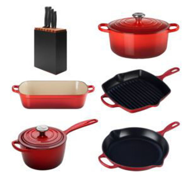 Picture of 7pc Cast Iron Cookware Set Cerise w/ 5pc Knife Block Set