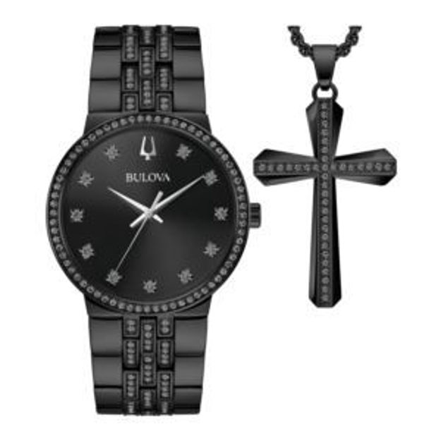 Picture of Mens Classic Crystal Black Ion-Plated Watch & Cross Necklace