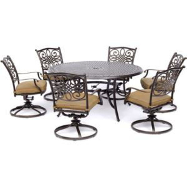Picture of Traditions 7-Piece Dining Set in Tan with a 60 In. Round Cast-top Table and Six Swivel Rockers