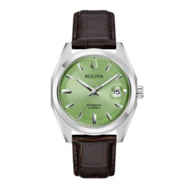 Picture of Mens Surveyor Automatic Silver & Brown Leather Strap Watch Pistachio Dial