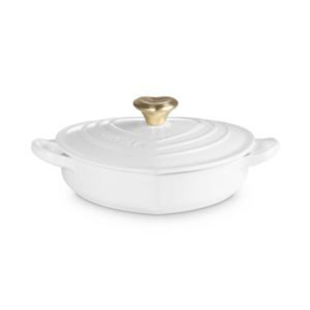 Picture of 1.25qt Traditional Cast Iron Shallow Heart Cocotte w/ Light Gold Knob White