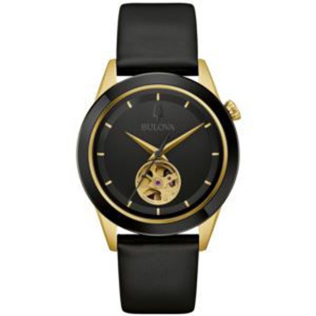 Picture of Mens Apollo Automatic Gold & Black Leather Strap Watch Black Dial