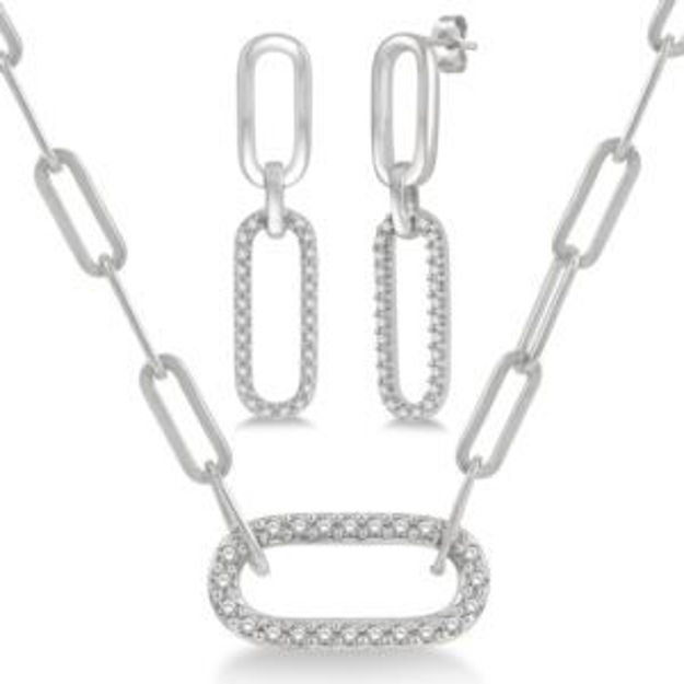 Picture of Diamond Paperclip Pendant Earring & Necklace Set Silver