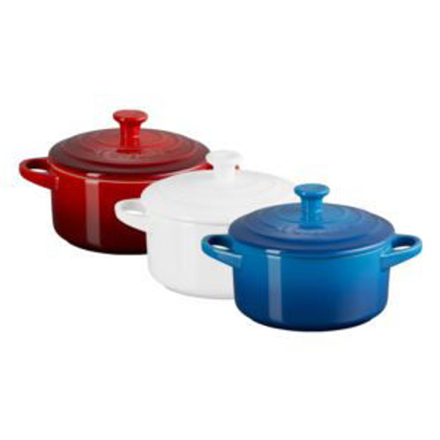 Picture of 3pc Red White & Blue 24oz Stoneware Mini Round Cocotte Set