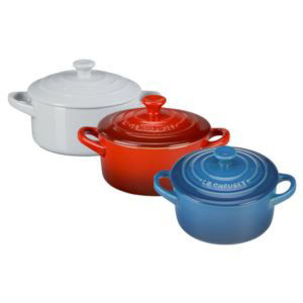 Picture of 3pc Red White & Blue 8oz Stoneware Mini Round Cocotte Set