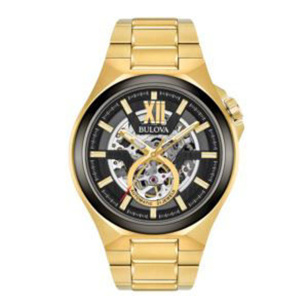 Picture of Mens Maquina Automatic Gold-Tone Stainless Steel Watch Black Skeleton Dial