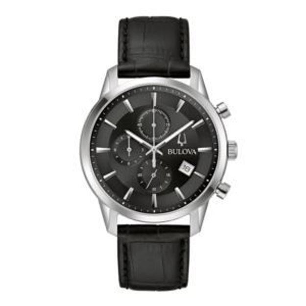 Picture of Mens Sutton Chronograph Silver & Black Leather Strap Watch Black Dial