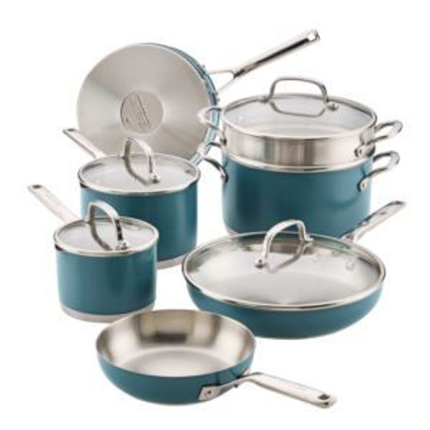 Picture of Color-Finished 11pc Stainless Steel 3-Ply Cookware Set Agave Blue