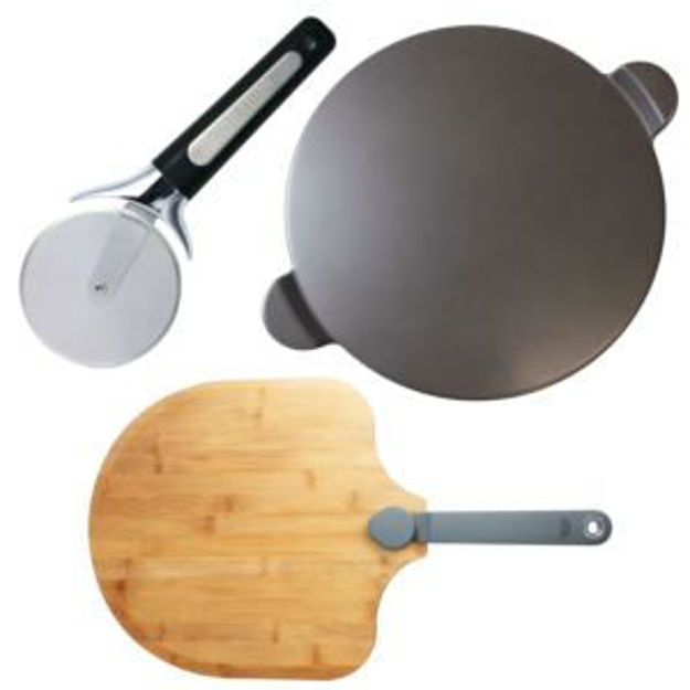Picture of Old Stone Pizza Kitchen - Glazed Pizza Stone, Bamboo Peel, & Pizza Cutter Set