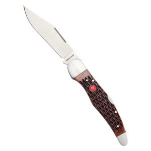 Picture of Folding Hunter Knife w/ Leather Sheath Brown Jigged Bone